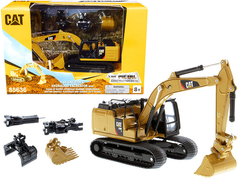 CAT Caterpillar 320F L Hydraulic Tracked Excavator with 5 Work Tools "Play & Collect!" 1/64 Diecast Model by Diecast Masters-0